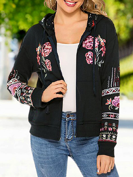 

Loosen Outerwear Ethnic pattern print hooded jacket, Black, Outerwear