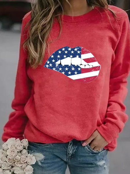 

American Flag Lips Women‘s Casual Loosen Sweatshirt, Red, Hoodies&Sweatshirts