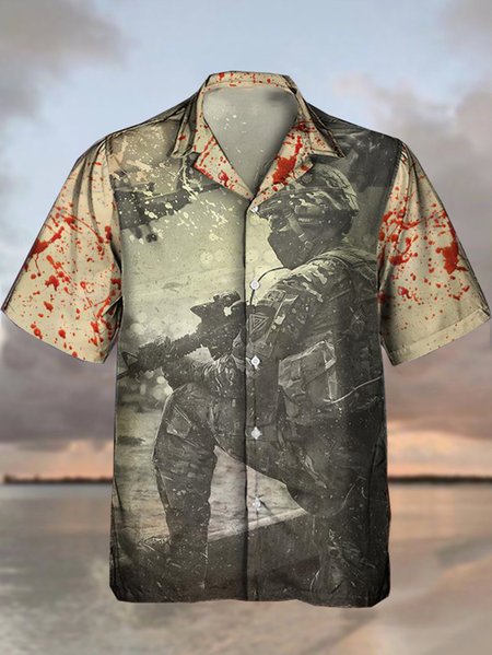 

Mens Veterans Print Loose Short Sleeve Shirts, Khaki, Men's Floral shirt