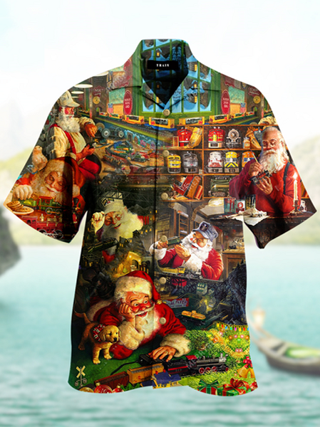 

Mens Christmas Santa Print Loose Short Sleeve Shirts, Red, Men's Floral shirt