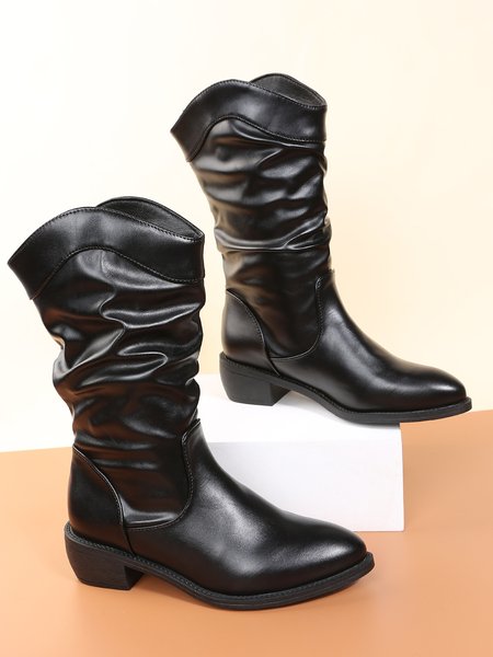 

Simple Pleated Plain Cowboy Boots, As picture, Boots
