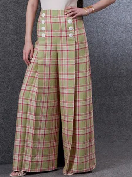 

Grid Elegant Regular Fit Long Pants, As picture, Wide Leg Pants
