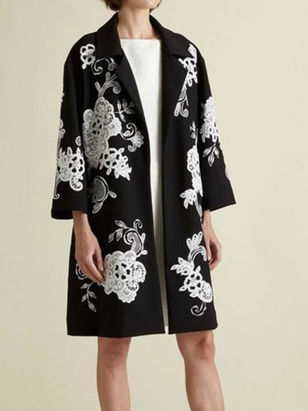 

Regular fit Lapel Long sleeve Floral Outerwear, Black, Coats
