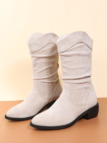 

Simple Pleated Plain Cowboy Boots, Off white, Boots