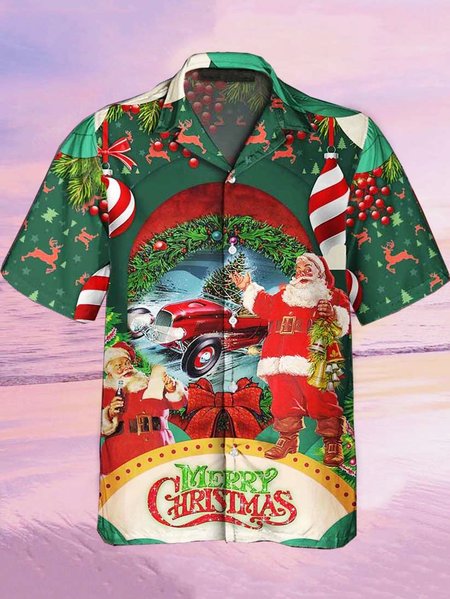 

Mens Christmas Santa Print Loose Short Sleeve Shirts, Green, Men's Floral shirt