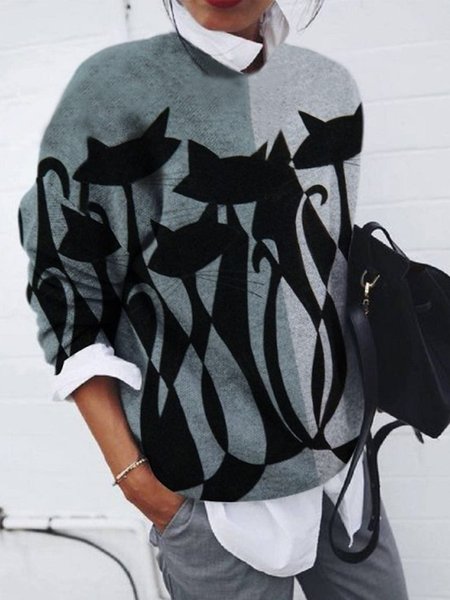 

Color-block Cats Printed Long Sleeve Crew Neck Plus Size Casual Tops, Multicolor, Tops