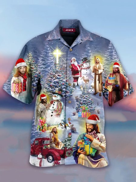 

Mens Christmas Jesus Print Loose Short Sleeve Shirts, Blue, Men's Floral shirt