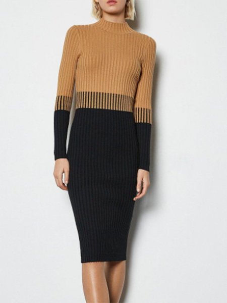 

Long sleeve Elegant High Neck Dress, Khaki, Midi Dresses