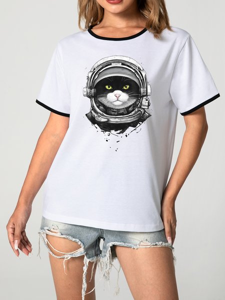 

Unocis Cat Print Round Neck Short Sleeve Ringer Tee, Black, T-shirts