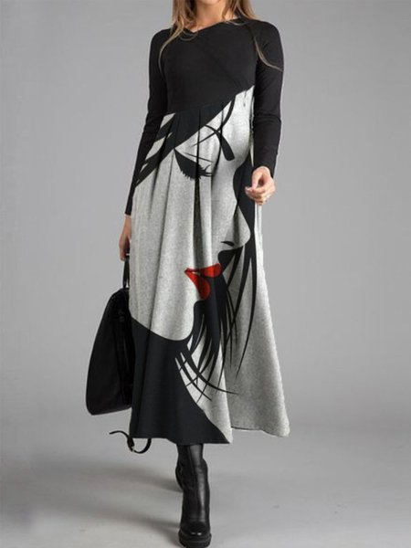 

V Neck Vintage People Dresses, Black-grey, Maxi Dresses