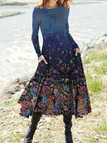 

Vintage Cotton Crew Neck Dresses, Gray purple, Midi Dresses