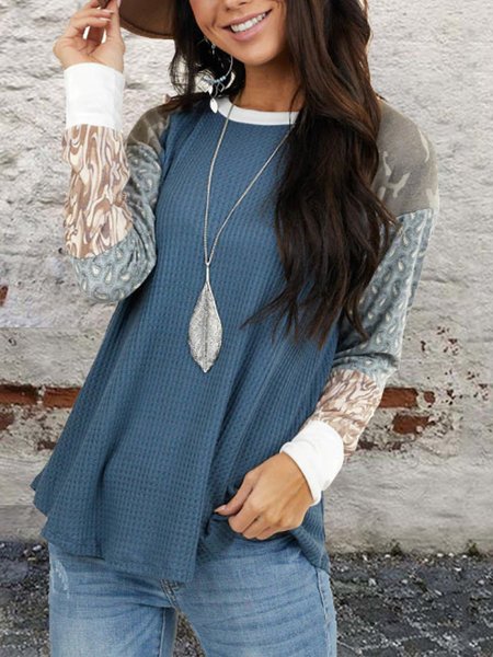 

Paisley Color Block Camo Crew Neck Tops, Blue, Tops