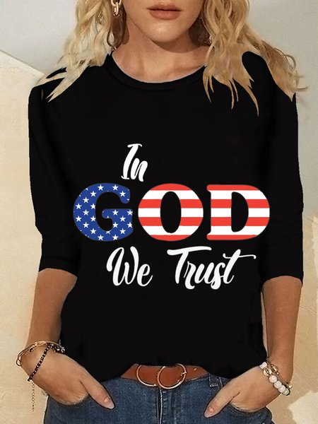 

In God We Trust Long Sleeve Round Neck Plus Size Printed Tops T-shirts, Black, T-Shirts