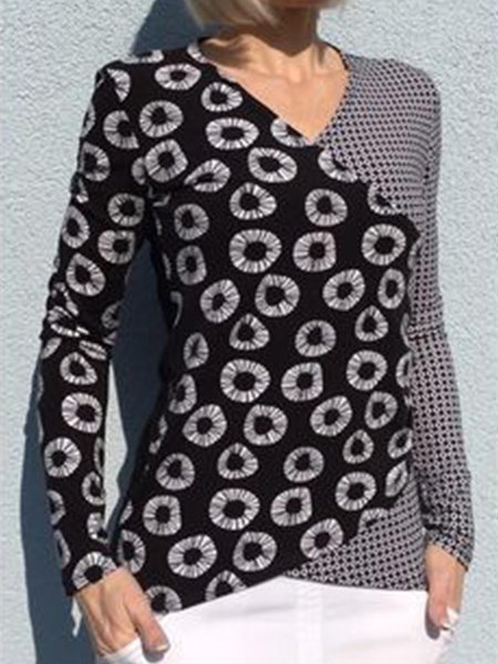 

V Neck Casual Regular Fit Long Sleeve Top, Black, Tops