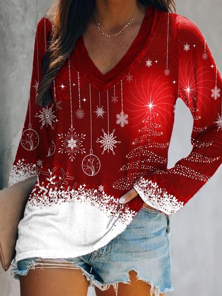 

Natale natale Maniche Lunghe Scollo a V taglia grande Stampato Top T-shirts, Rosso, Blouses & Shirts