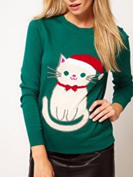 

Crew Neck Christmas Long Sleeve Top, Green, Tops