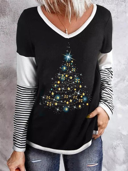 

Geometric V Neck Shirts & Tops, Black, T-Shirts