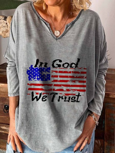 

In God We Trust Long Sleeve U Neck Plus Size Printed Tops T-shirts, Gray, T-Shirts