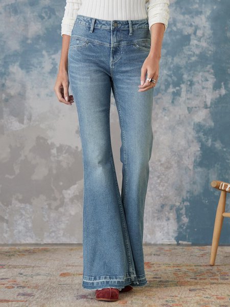

Casual Plain Flare Leg Pants, Blue, Pants