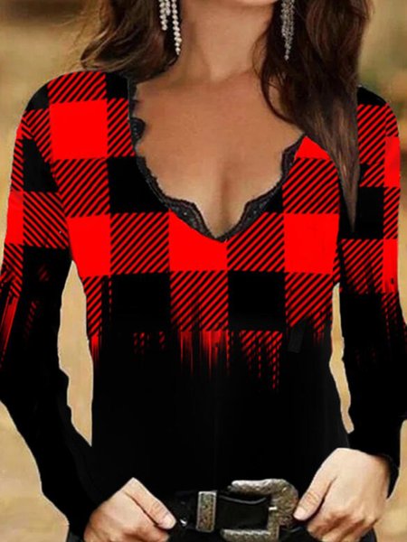 

Plaid Printed Casual Sexy Long Sleeve Shirts & Tops, Red, Tops