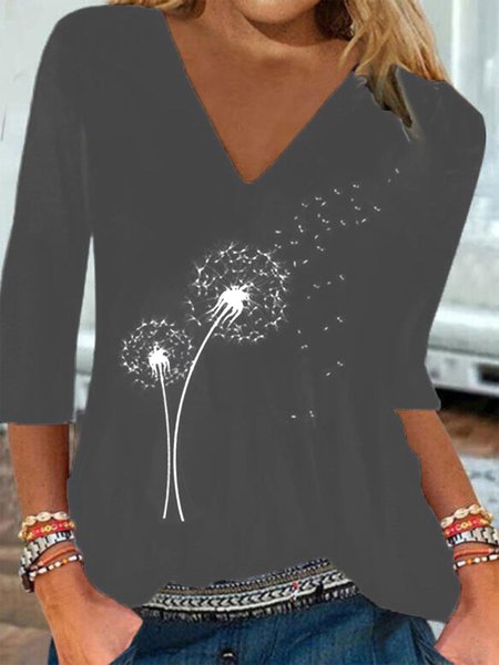 

Vintage Dandelion Printed V-Neck 3/4 Sleeves Plus Size Casual T-shirts, Gray, T-Shirts