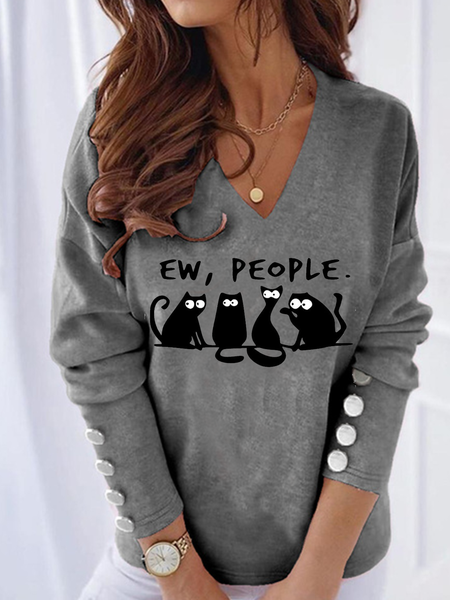 

New long sleeve V-neck card love cat print top T-shirt elastic women, Gray, Long sleeve tops