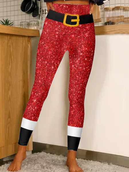 

New high Stretch Leggings Christmas belt printed 9-point stretch pants, Red, Leggings