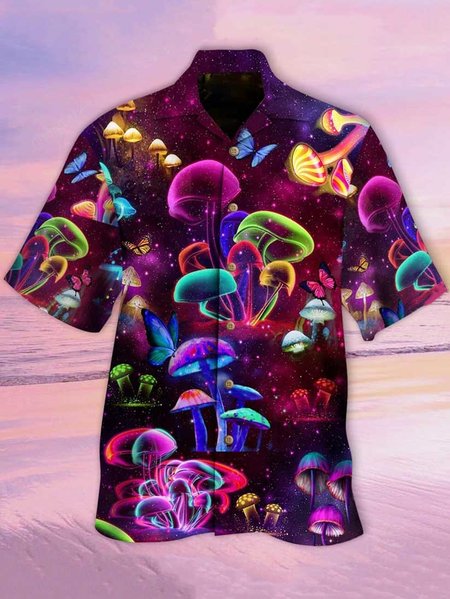 

Mens Mushroom Print Loose Short Sleeve Shirts, Purple, Men's Floral shirt