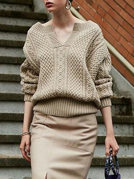 

Long Sleeve Casual Solid Loosen Sweater, Camel, Pullovers