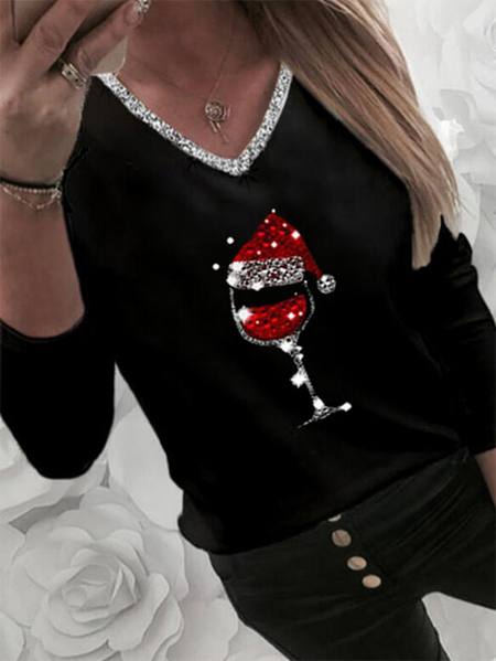 

V Neck Long Sleeve Casual Printed Shirts & Tops, Black, T-Shirts