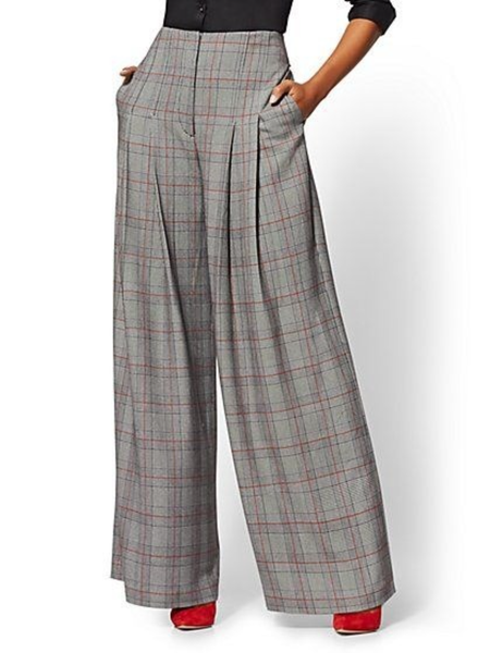 

Fall Grid Zipper fly High Waist Non-Stretch Mid-weight Pants, As picture, Wide Leg Pants