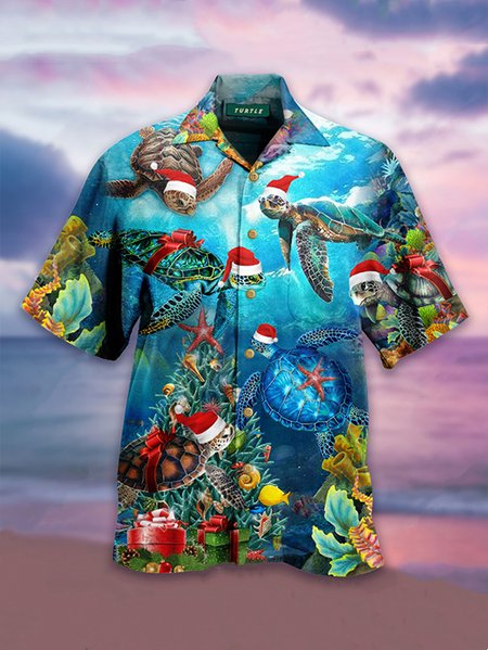 

Mens Christmas Turtle Print Loose Short Sleeve Shirts, Blue, Men's Floral shirt