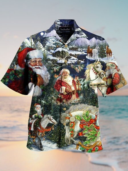

Mens Christmas Santa Print Loose Short Sleeve Shirts, Blue, Men's Floral shirt
