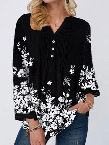 

Floral Regular Fit Henley Blouse, Black, Shirts & Blouses
