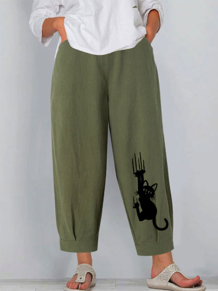 

Cat Animal Regular Fit Cotton Blends Pants, Green, Pants