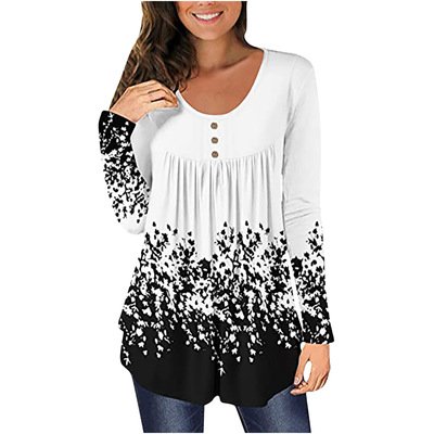 

Floral Casual Cotton Blends V Neck Shirts & Tops, Black-white, Tops