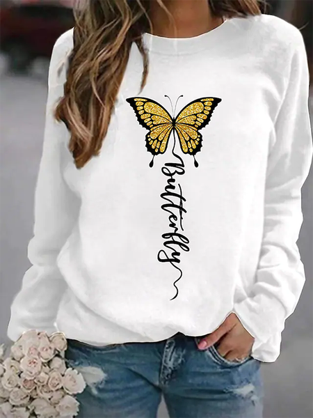 

Butterfly Printed Crew Neck Casual Sweatshirt, White, Hoodies & Sweatshirts