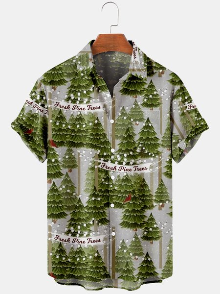 

Mens Christmas Pine Tree Chest Pocket Round Hem Loose Short Sleeve Shirts, Gray, Men's Floral shirt