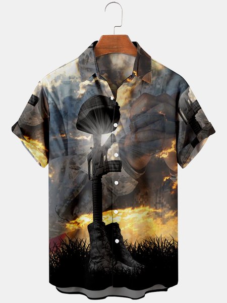 

Mens Veterans Day Chest Pocket Round Hem Loose Short Sleeve Shirts, Gray, Men's Floral shirt