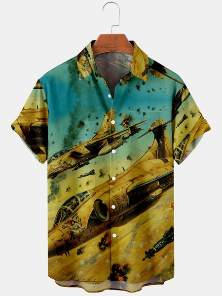 

Mens Fighter Plane Veterans Day Printed Casual Breathable Short Sleeve Shirts, Khaki, Men's Floral shirt