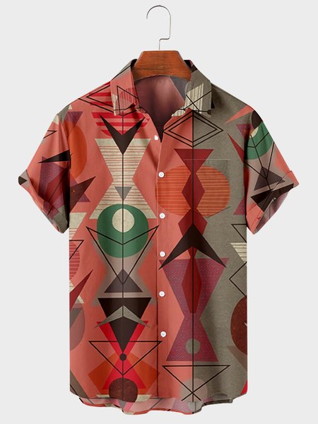 

Casual Geometric Short Sleeve Shirts, As picture, Men's Floral shirt