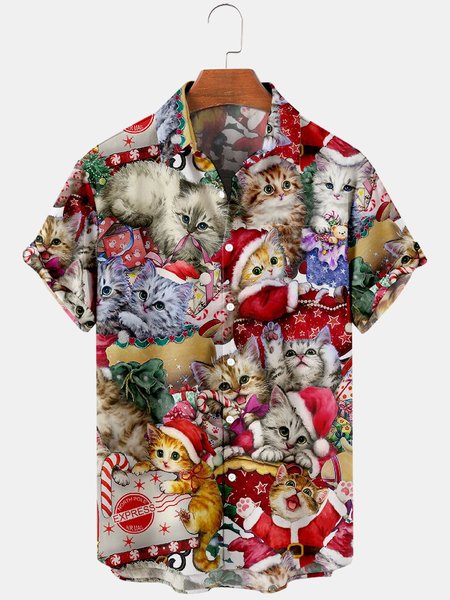 

Mens Christmas Cats Printed Casual Breathable Short Sleeve Shirts, Cat pattern, Shirts ＆ Blouse