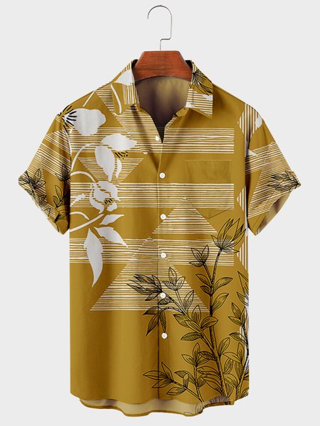 

Short Sleeve Vacation Striped Shirts, Yellow, Men's Floral shirt
