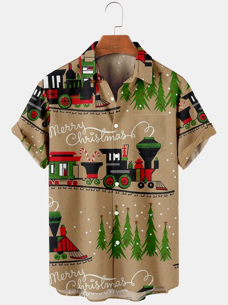 

Mens Christmas Train with Gift Chest Pocket Round Hem Loose Short Sleeve Shirts, Khaki, Men's Floral shirt