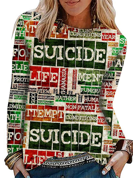 

Crew Neck Long Sleeve Letter Casual Shirts & Tops, Multicolor, T-Shirts