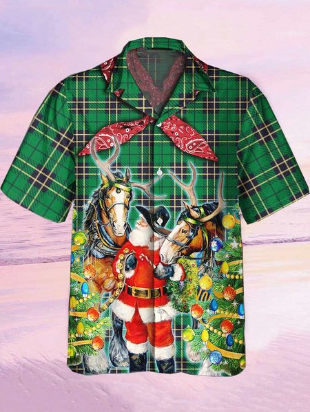 

Mens Christmas Santa Print Loose Short Sleeve Shirts, Green, Men's Floral shirt