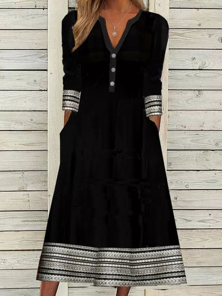 

V Neck Cotton Blends Knitting Dress, Black, Maxi Dresses