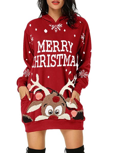 

Casual Loosen Straight Long Sleeve Holiday Mini Dress, Red, Mini Dresses