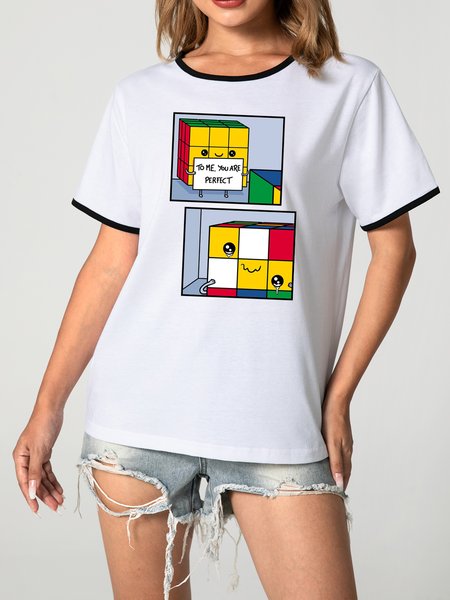 

Unocis Fun Rubik's Cube Print Round Collar Short Sleeve Ringer Tee, Black, T-shirts