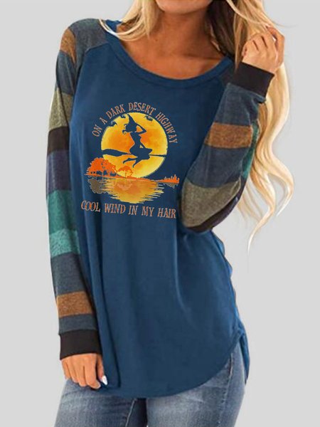 

Halloween character witch printed long-sleeve striped round neck top, Blue, Long sleeve tops